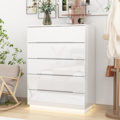 OXYLIFE 5 Drawer Dresser Chest with LED Light for Bedroom and Living Room, White Glossy Finish