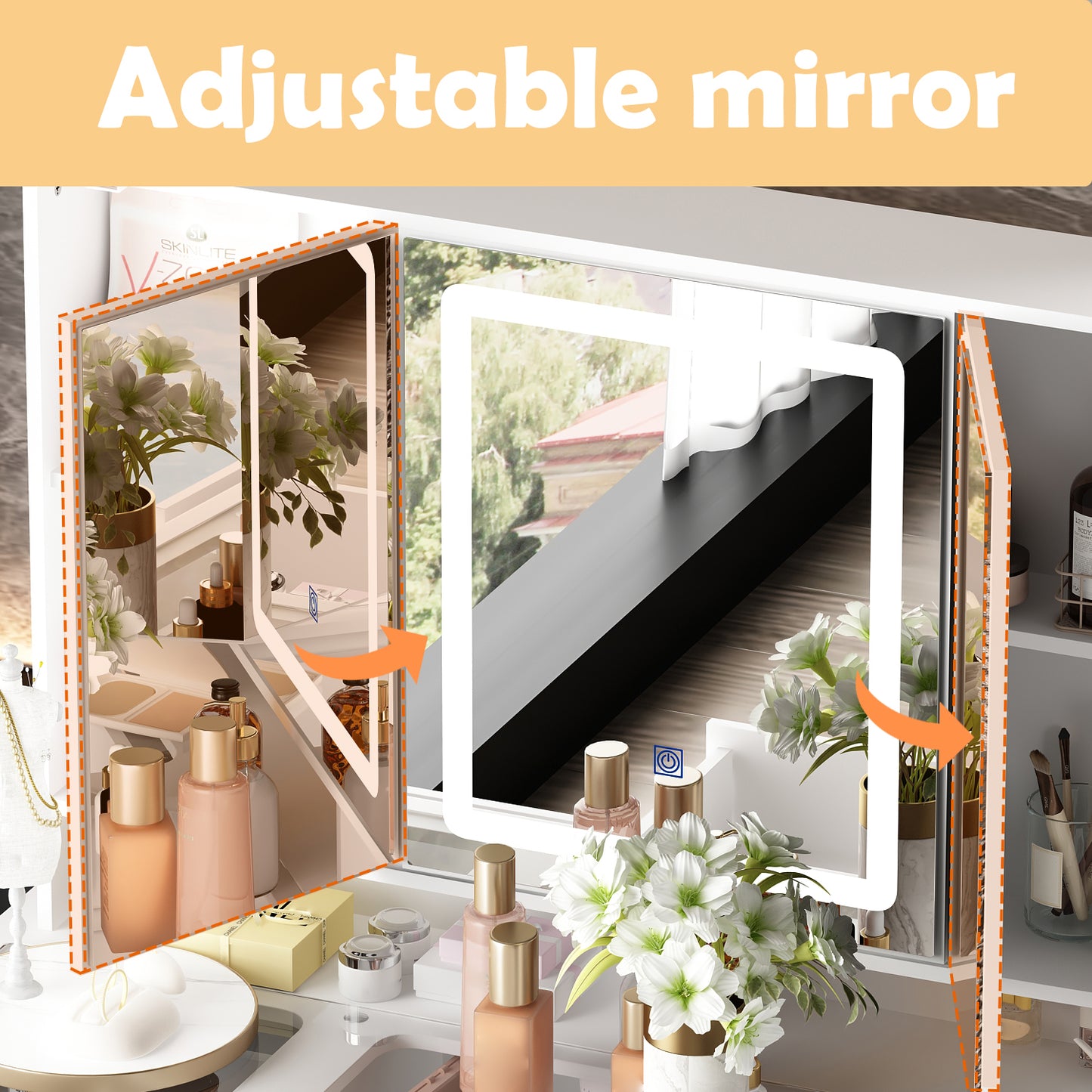 OxyLife Modern Adult Vanity Table Set with Glass Top, Mirror, LED Lights and 9 Drawers