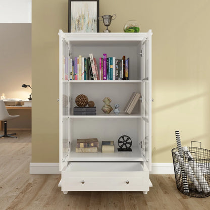 55" H White Bookcase with Glass Doors, Display Cabinet Wooden Bookshelf Organizer with Drawer for Home Office Living Room