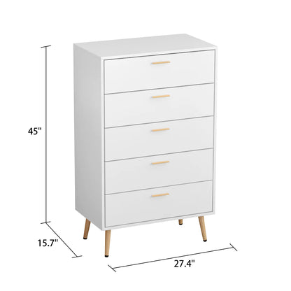 Dresser with 5 Drawers, Modern Wide Chest of Drawers, Tall Storage Chest, Nightstand for Bedroom, Closet, Entryway, White