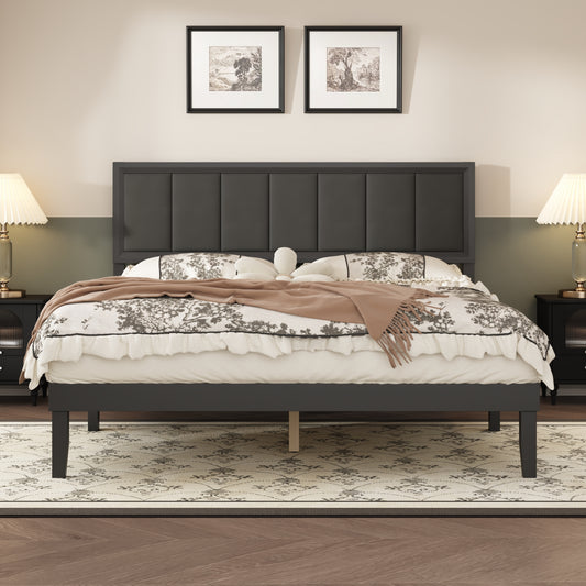 Oxylife Queen Size Solid Wood Platform Bed Frame with Vintage Headboard,15 Slats,Black,82”L x 63.3”W x 40.9”H