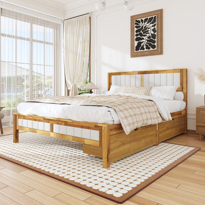 Oxylife Queen Size Bed Frame Fabric Headboard,Upholstered Wood Platform Bed Frame,12 Slats,Natural & Grey, 83.4”L x 63.9”W x 42.1”H