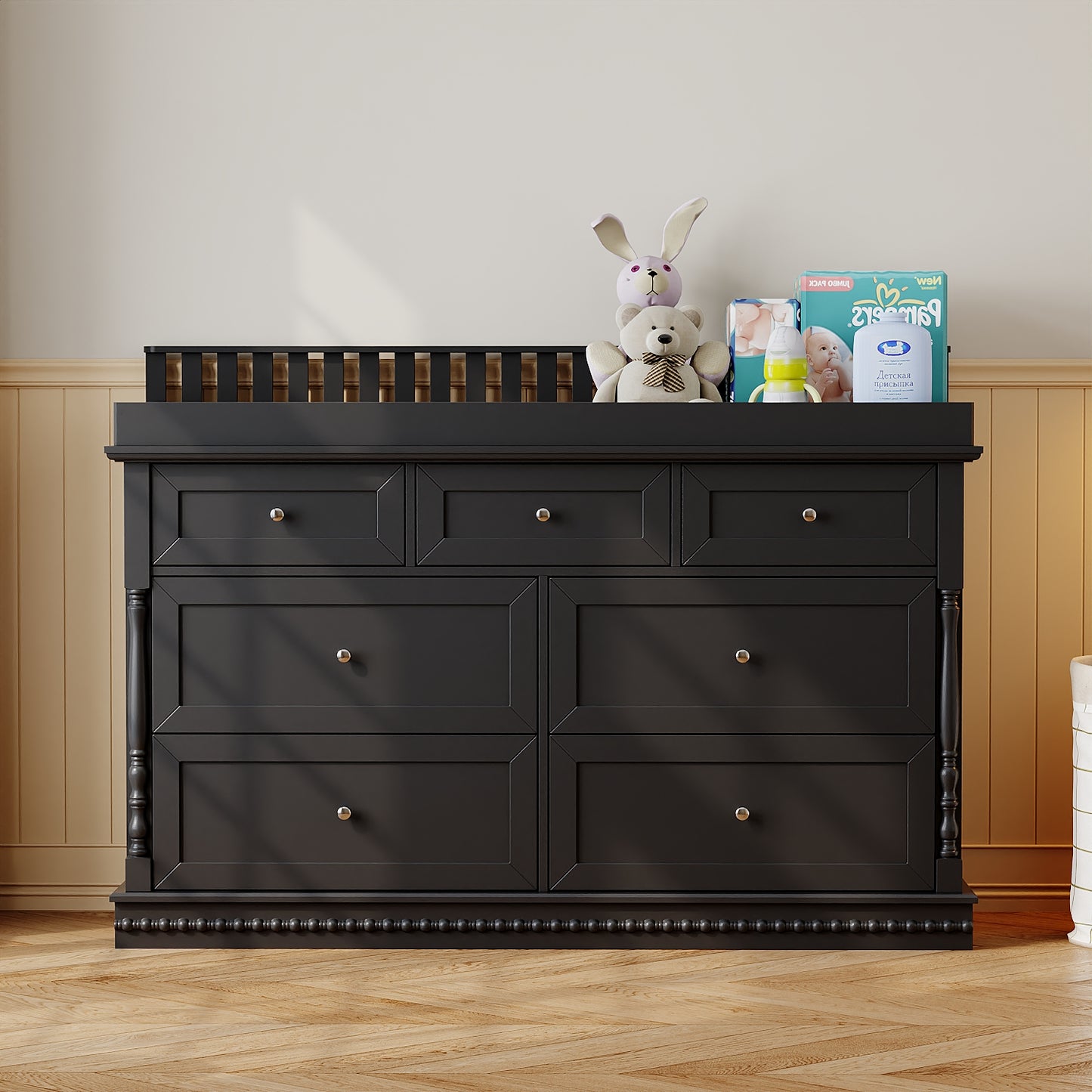 Oxylife Baby Dresser with Changing Table Top for Nursery with 7 Storage Drawers for Kids Bedroom,Black