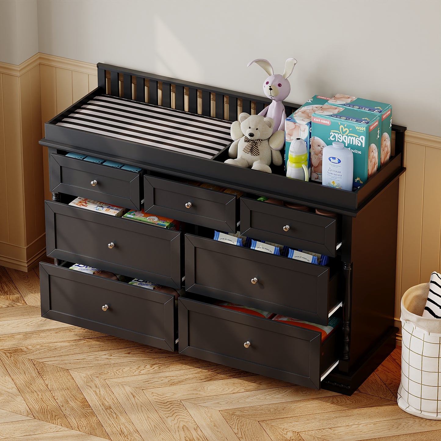 Oxylife Baby Dresser with Changing Table Top for Nursery with 7 Storage Drawers for Kids Bedroom,Black