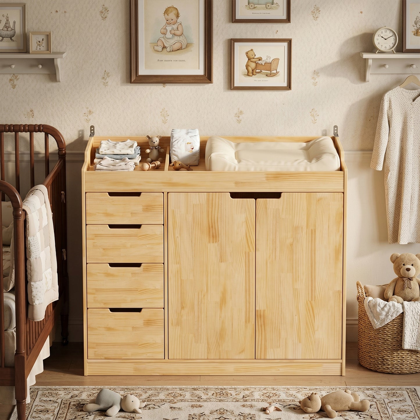OXYLIFE 47.2'' Solid Wood Baby Changing Table Dresser with 4 Drawers and 2 Doors, Modern Nursery Dresser with Changing Table Top,Safety Guardrails, Baby Diaper Station Cabinet for Kids Room, Natural