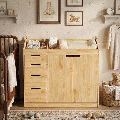 OXYLIFE 47.2'' Solid Wood Baby Changing Table Dresser with 4 Drawers and 2 Doors, Modern Nursery Dresser with Changing Table Top,Safety Guardrails, Baby Diaper Station Cabinet for Kids Room, Natural