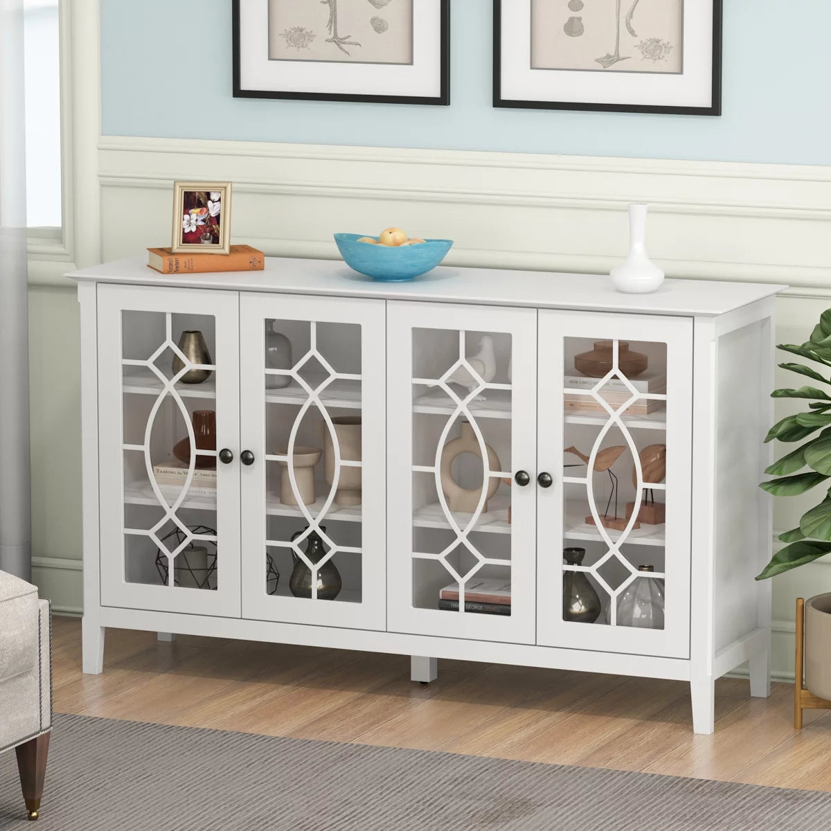 Sideboard Buffet Entertainment Center with Storage Cabinet, Glass Doors, for Living Room, Dining Room (White)