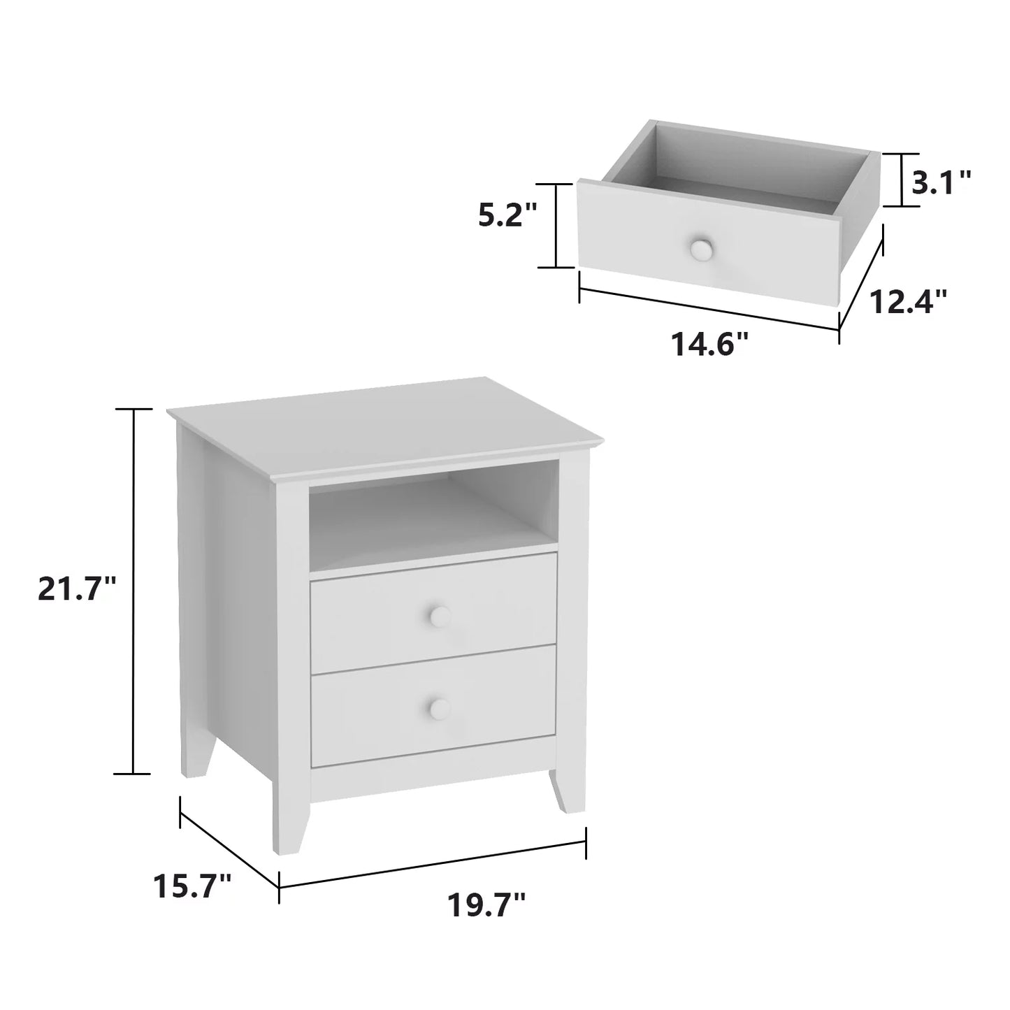 OXYLIFE Bedside Table Nightstand with 2 Drawers and Opened Shelf for Bedroom Living Room White