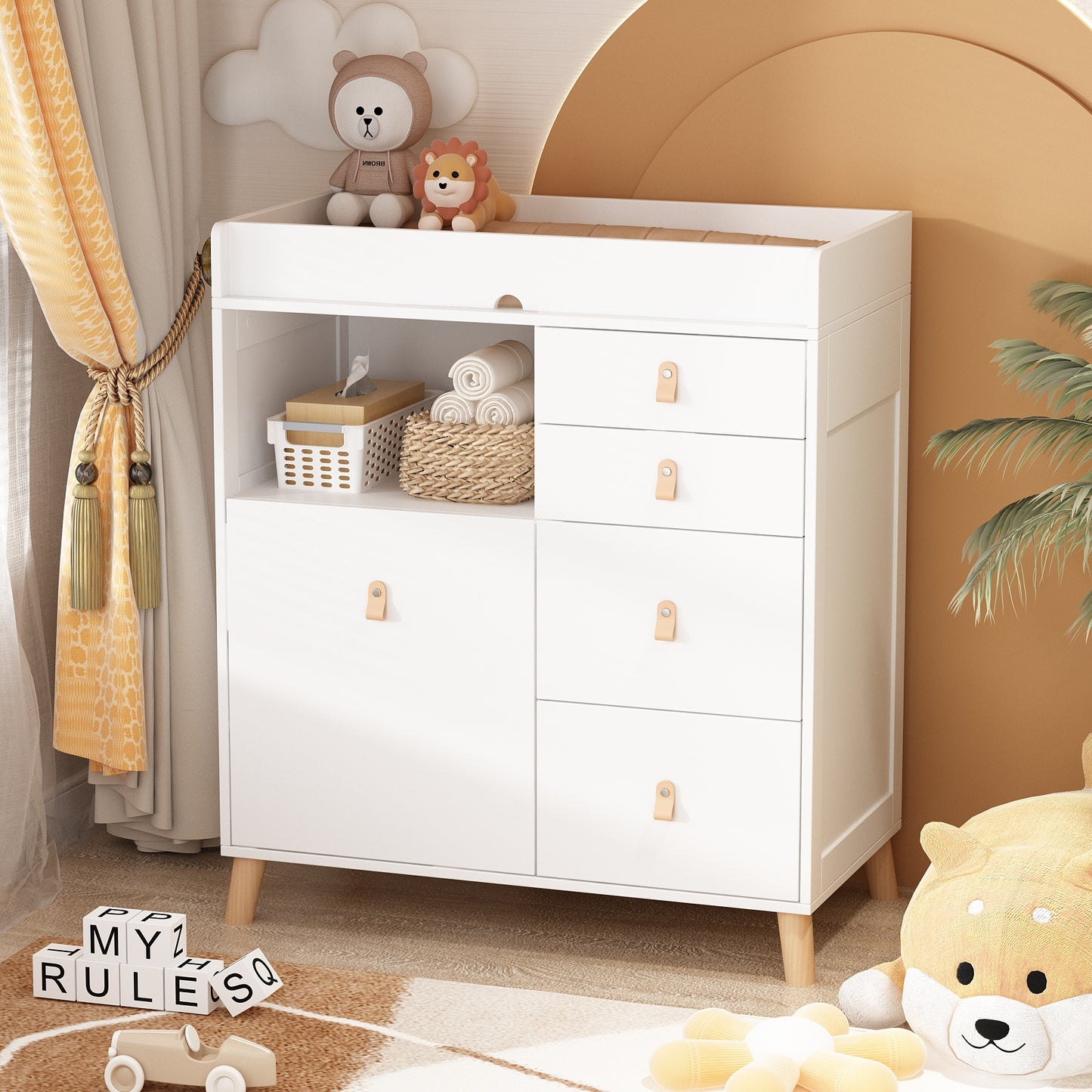OXYLIFE 33.5" Baby Changing Table Nursery Dresser with 5 Drawers and Raised Feet, Shelf and Trash Can Storage for Nursery Room, White