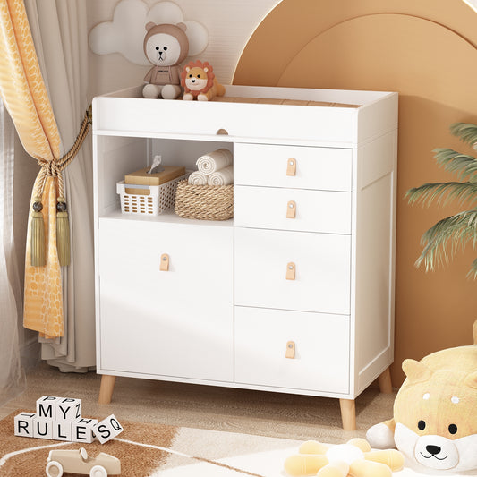 OXYLIFE 33.5" Baby Changing Table Nursery Dresser with 5 Drawers and Raised Feet, Shelf and Trash Can Storage for Nursery Room, White