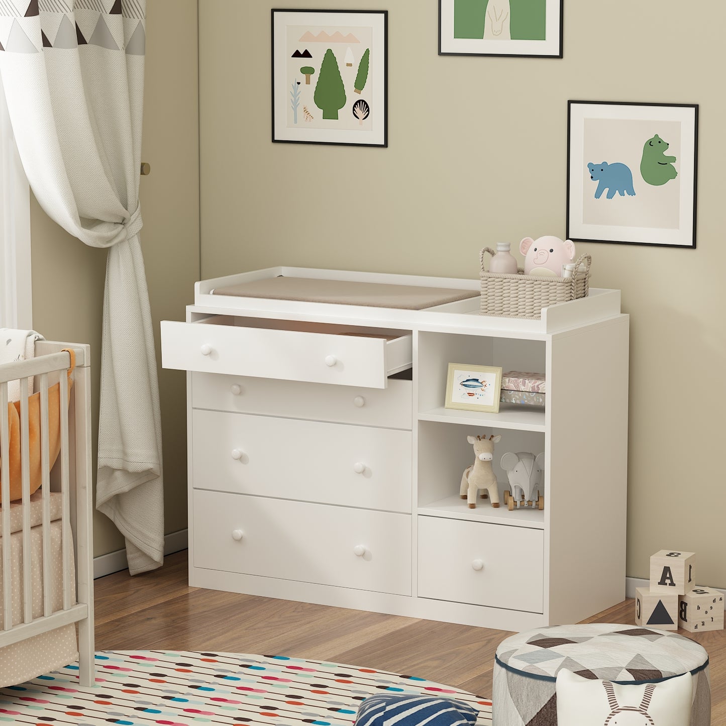 OXYLIFE Baby Changing Table Dresser Nursery Chest with Storage,5 Drawers&2 Shelves,White