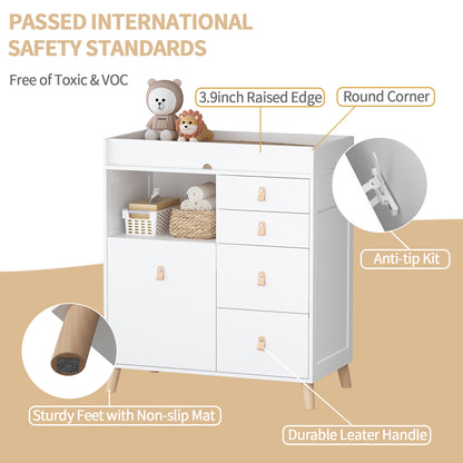 OXYLIFE 33.5" Baby Changing Table Nursery Dresser with 5 Drawers and Raised Feet, Shelf and Trash Can Storage for Nursery Room, White
