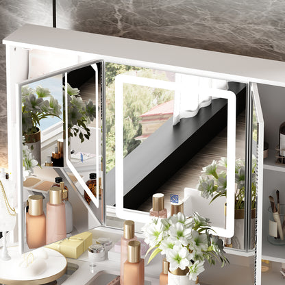 OxyLife Modern Adult Vanity Table Set with Glass Top, Mirror, LED Lights and 9 Drawers