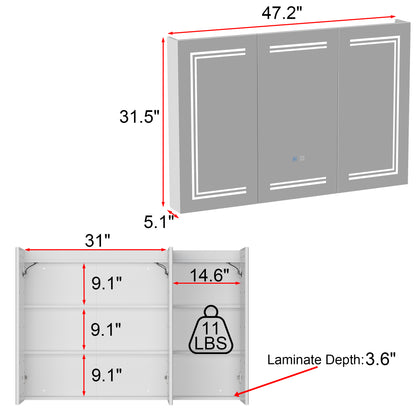 OXYLIFE 47.2" Wall Mounted Mirror Medicine Cabinet with 3 Color LED Lights, Defogger and 3 Doors for Bathroom, White