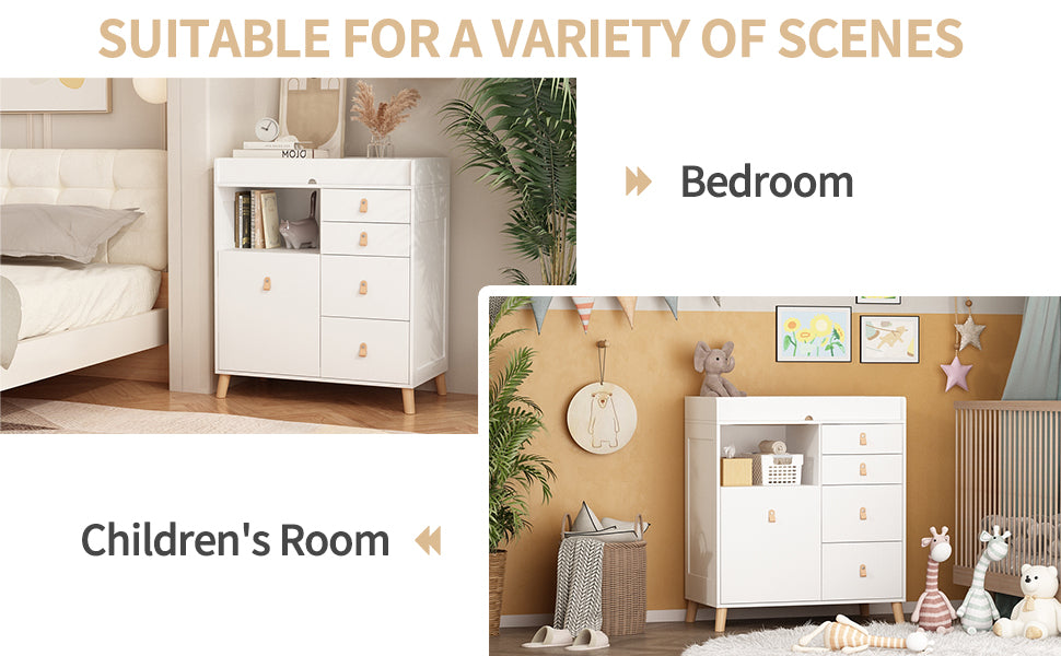 OXYLIFE 33.5" Baby Changing Table Nursery Dresser with 5 Drawers and Raised Feet, Shelf and Trash Can Storage for Nursery Room, White