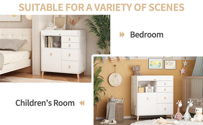 OXYLIFE 33.5" Baby Changing Table Nursery Dresser with 5 Drawers and Raised Feet, Shelf and Trash Can Storage for Nursery Room, White