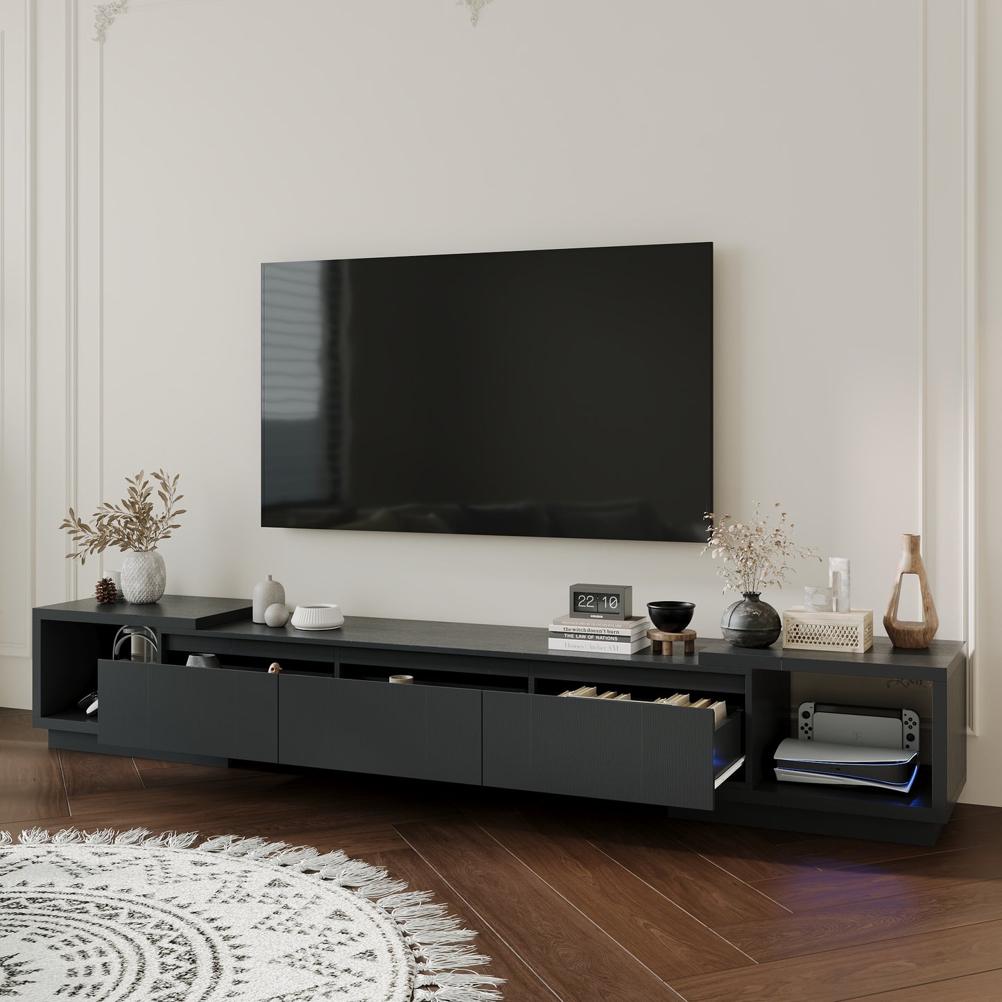 OXYLIFE 106.3 inch Extended TV Stand with Drawers, Entertainment Center for Living Room, Black
