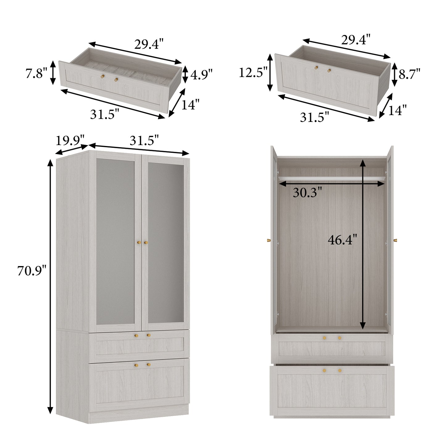 OXYLIFE 70.9 inch Freestanding Clothing Armoire Wardrobe Closet with 2 Frosted Glass Doors, Hanging Rod and Drawers for Bedroom