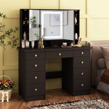 OXYLIFE Makeup Vanity Table Set Organizer Dressing Desk, Light Mirror, 9 Drawers, Storage Shelves, Black