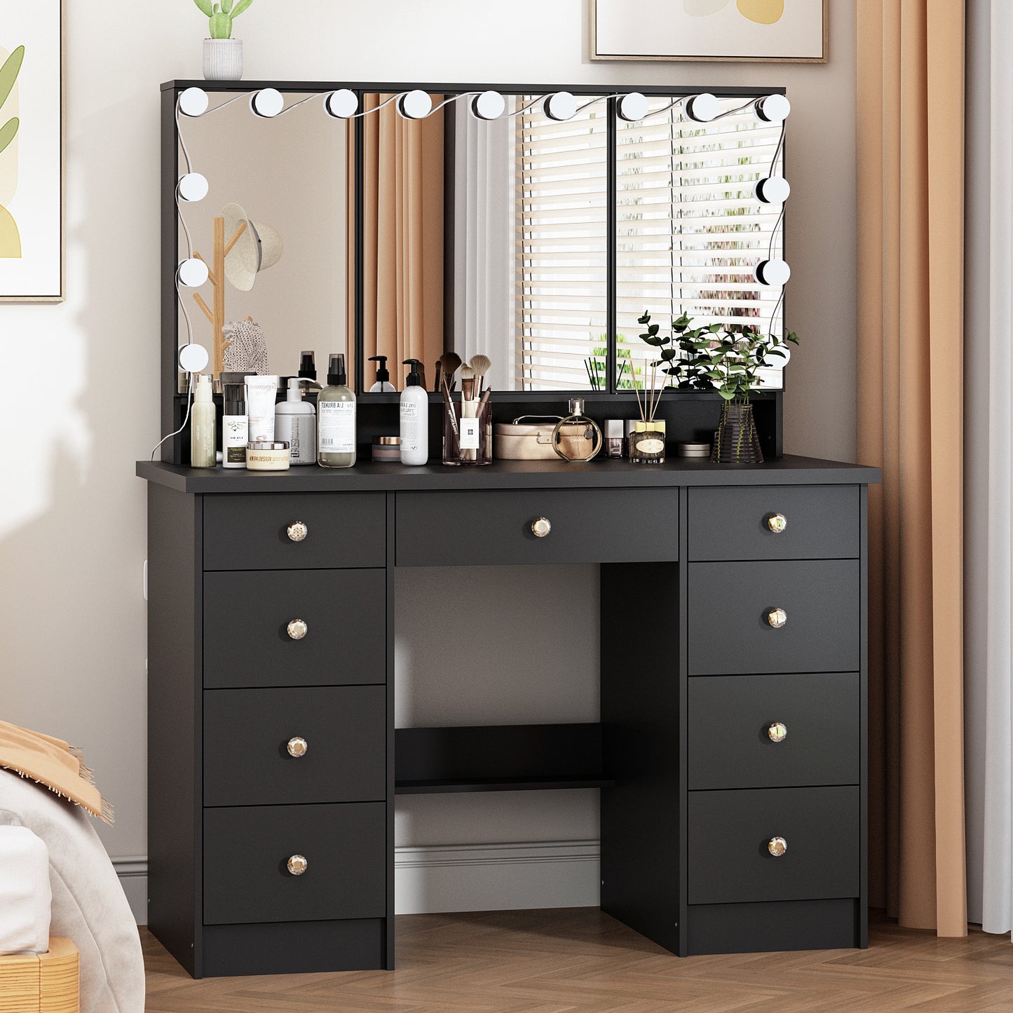OXYLIFE Makeup Vanity Desk with Mirror and 3 Color Lights and 9 Drawers for Bedroom, Black