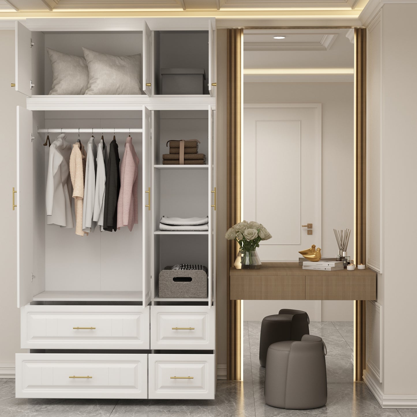 Oxylife Wardrobe Armoire with Hutch and Drawers, Bedroom Armoire, Contemporary, White