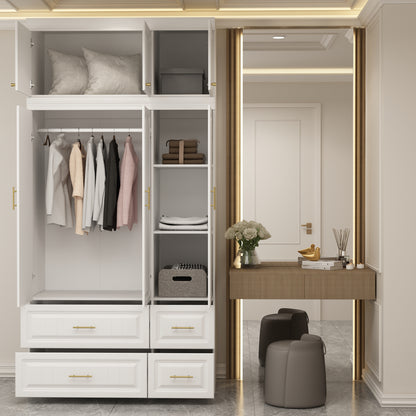 Oxylife Wardrobe Armoire with Hutch and Drawers, Bedroom Armoire, Contemporary, White
