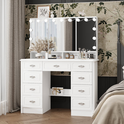 Oxylife Vanity Desk with Lighted Mirror, Makeup Dressing Table with 9 Drawer and Drawer Divier for Bedroom