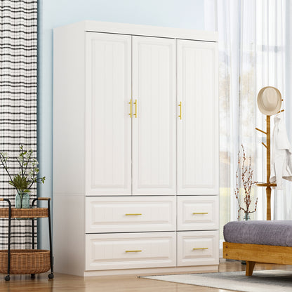 Oxylife Wardrobe Armoire Closet with 4 Drawers and Clothing Rod for Bedroom in White