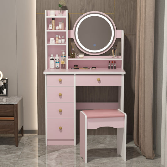 Oxylife Vanity Set with Lighted Mirror, Girls Makeup Vanity Table with 5 Drawers, Shelves and Stool, Pink
