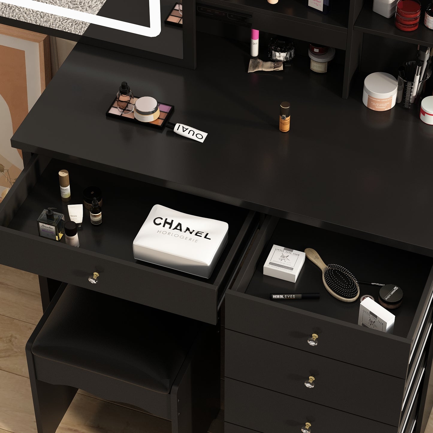 Oxylife Makeup Vanity Table Set with Sliding Lighted Mirror, 5 Drawers and Storage Shelves, Dressing Table Desk with Stool,Black