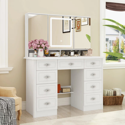 OXYLIFE Vanity Desk with Lighted Mirror, Makeup Dressing Table with 9 Drawer and Drawer Divier for Bedroom