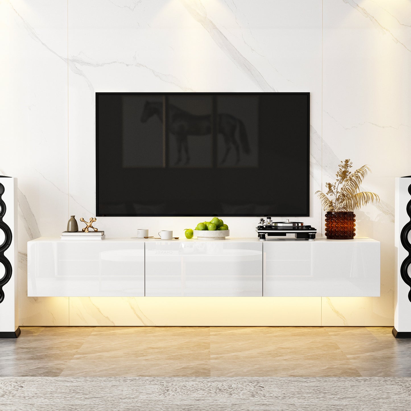 OXYLIFE Floating LED TV Stand with Drawers, Wall Mounted Entertainment Center with Storage and LED Light, White