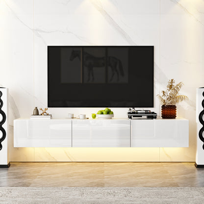 OXYLIFE Floating LED TV Stand with Drawers, Wall Mounted Entertainment Center with Storage and LED Light, White