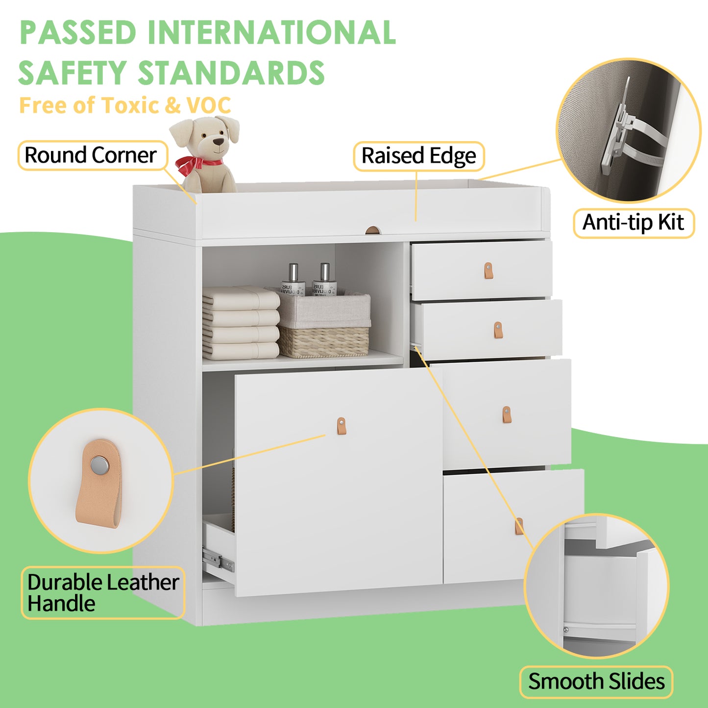 OXYLIFE 33.5" Baby Changing Table Nursery Dresser with 4 Drawers, Shelf and Trash Storage for Nursery Room, White