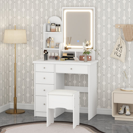Oxylife Vanity Set with 5 Drawers and Shelves, Makeup Table with Light Mirror,White