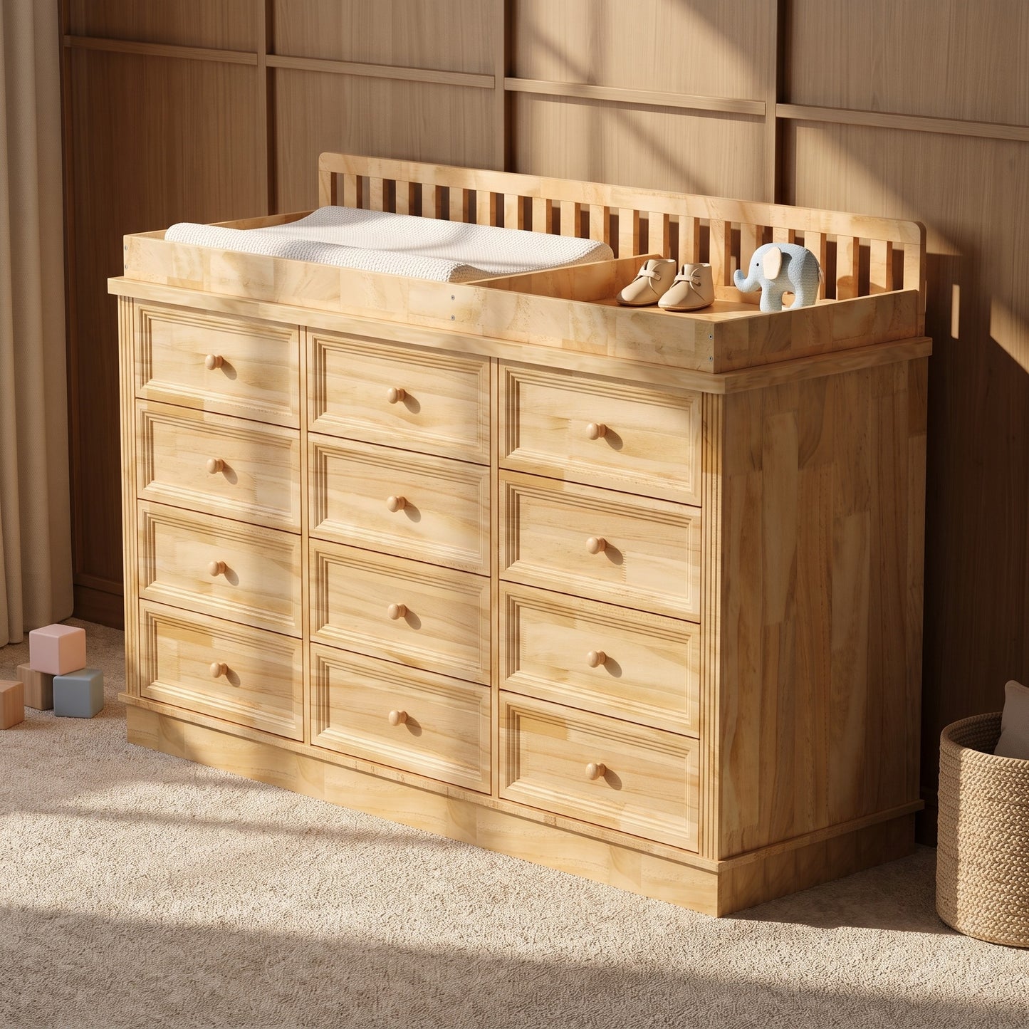 OXYLIFE Baby Changing Table Dresser, 100% Solid Wood Infant Diaper Changing Station Combo, 12-Drawer Dresser with Removable Tray for Nursery Bedroom, Nature Color 55.1" W