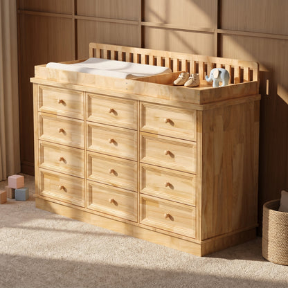 OXYLIFE Baby Changing Table Dresser, 100% Solid Wood Infant Diaper Changing Station Combo, 12-Drawer Dresser with Removable Tray for Nursery Bedroom, Nature Color 55.1" W