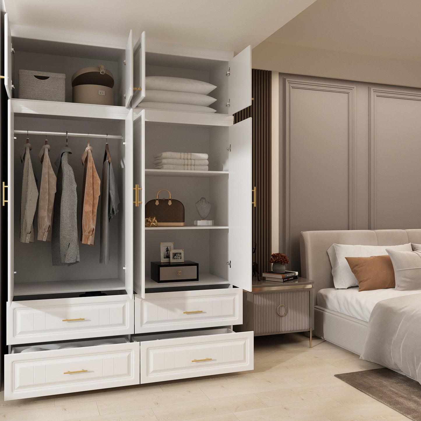 OXYLIFE 4-Door Wardrobe Armoire with Hutch, Shelves and Drawers,White Closet Storage Cabinet with Clothing Rod for Bedroom, 93.3" H