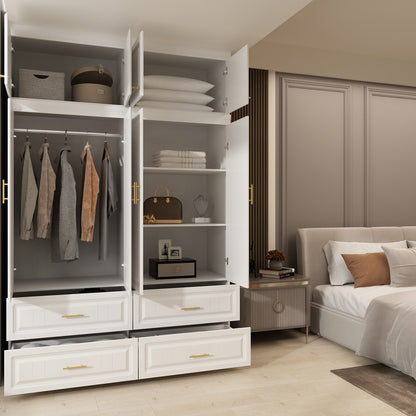 OXYLIFE 4-Door Wardrobe Armoire with Hutch, Shelves and Drawers,White Closet Storage Cabinet with Clothing Rod for Bedroom, 93.3" H