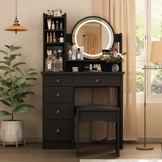 Oxylife Black Makeup Vanity Dressing Table with Mirror, 5 Drawers and Shelves (Round Lighted Mirror )