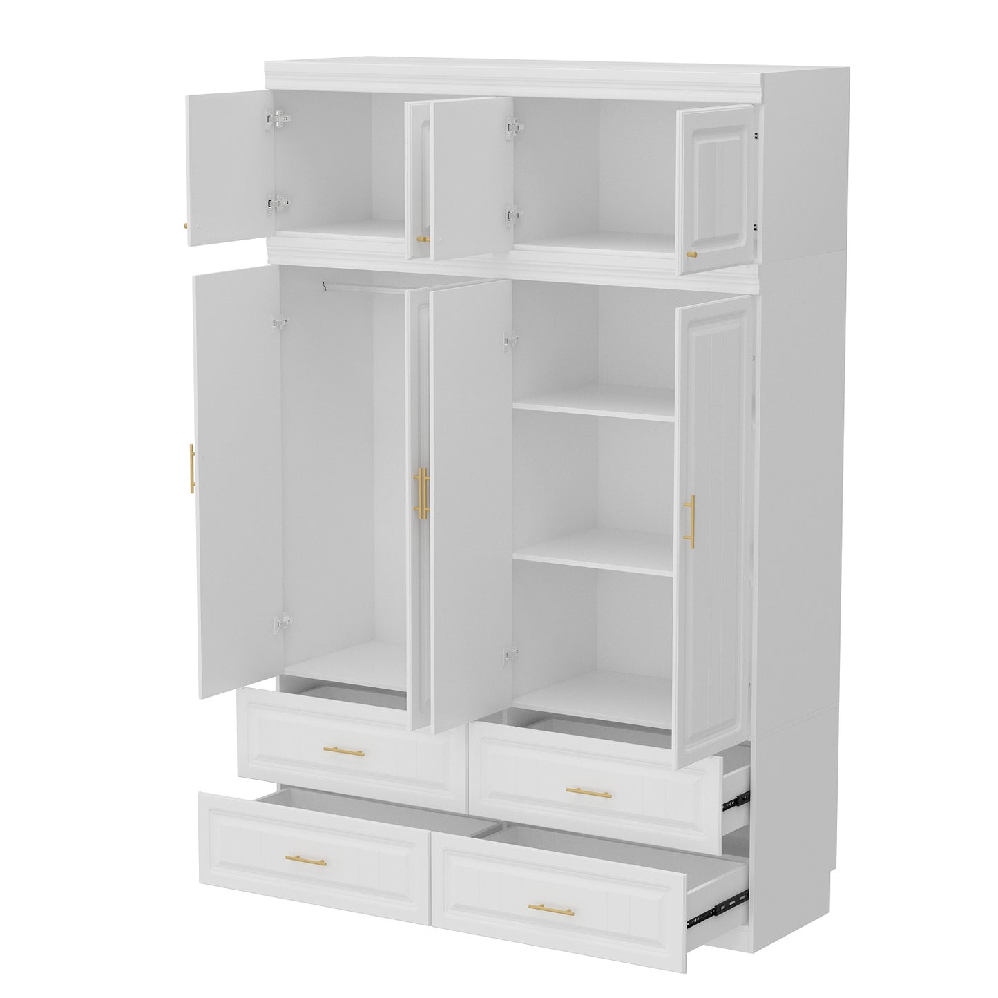 OXYLIFE 4-Door Wardrobe Armoire with Hutch, Shelves and Drawers,White Closet Storage Cabinet with Clothing Rod for Bedroom, 93.3" H