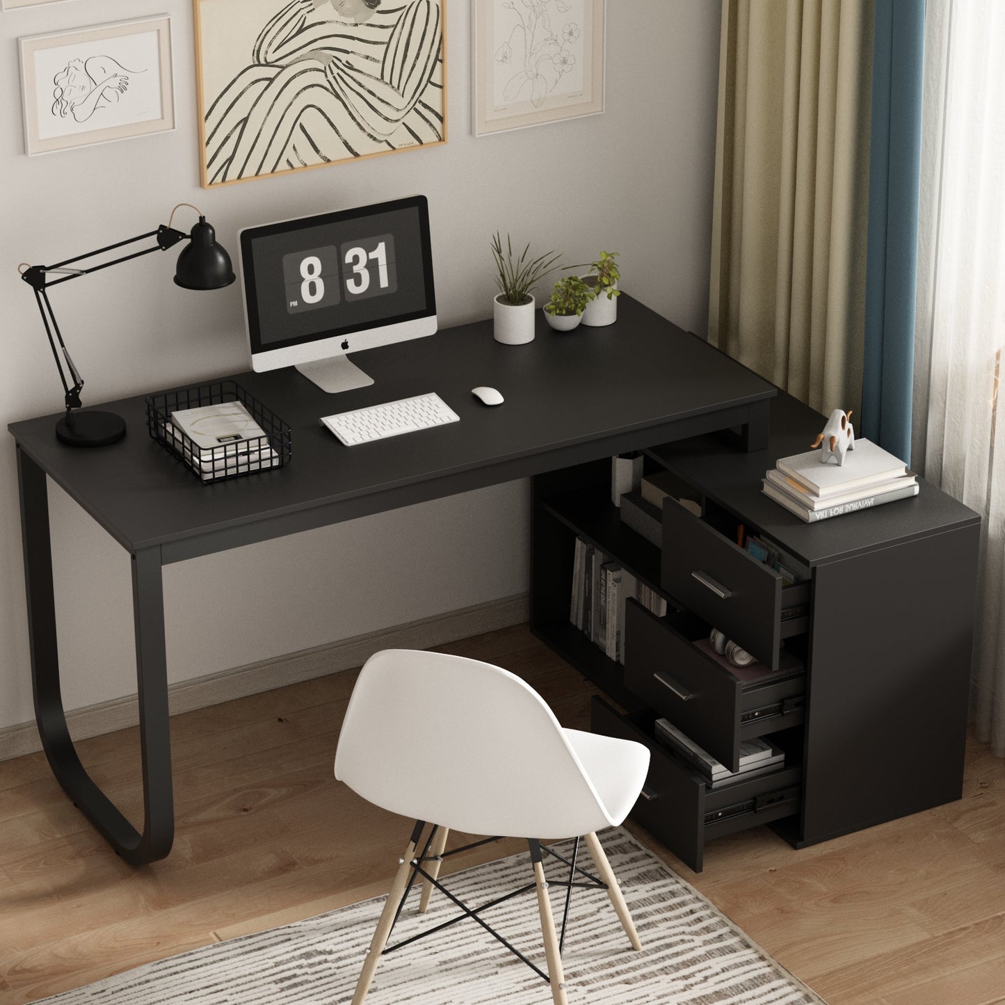 OXYLIFE Home Office Desk, 55 Inch Wood and Metal Study Corner Desk, Writing Workstation with Shelves and File Cabinet, Black