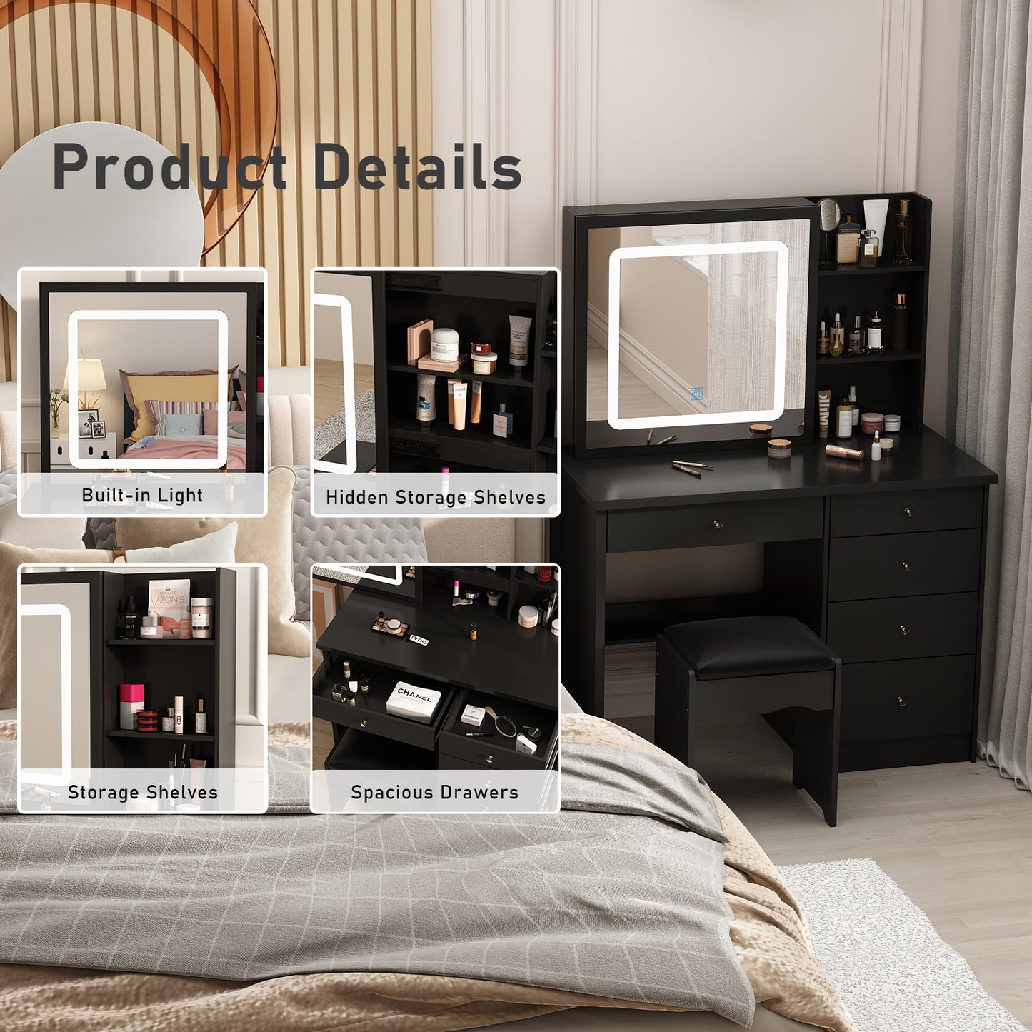 Oxylife Makeup Vanity Table Set with Sliding Lighted Mirror, 5 Drawers and Storage Shelves, Dressing Table Desk with Stool,Black