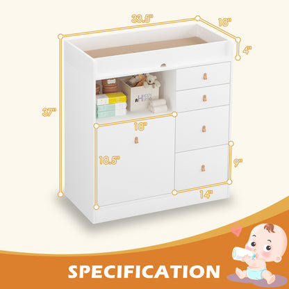 OXYLIFE 33.5" Baby Changing Table Nursery Dresser with 4 Drawers, Shelf and Trash Can Storage for Nursery Room, White