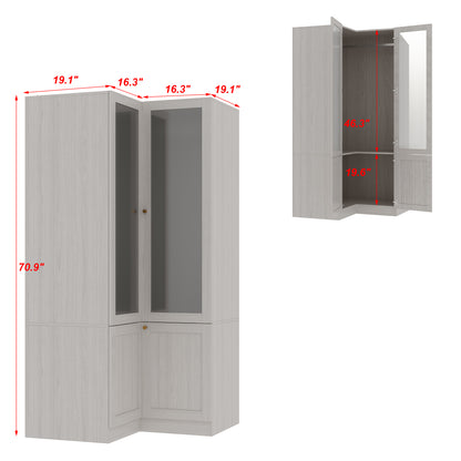 OXYLIFE 70.9 inch Corner L Shaped Clothing Armoire Wardrobe Closet with 2 Frosted Glass Doors, Hanging Rod and Drawers for Bedroom