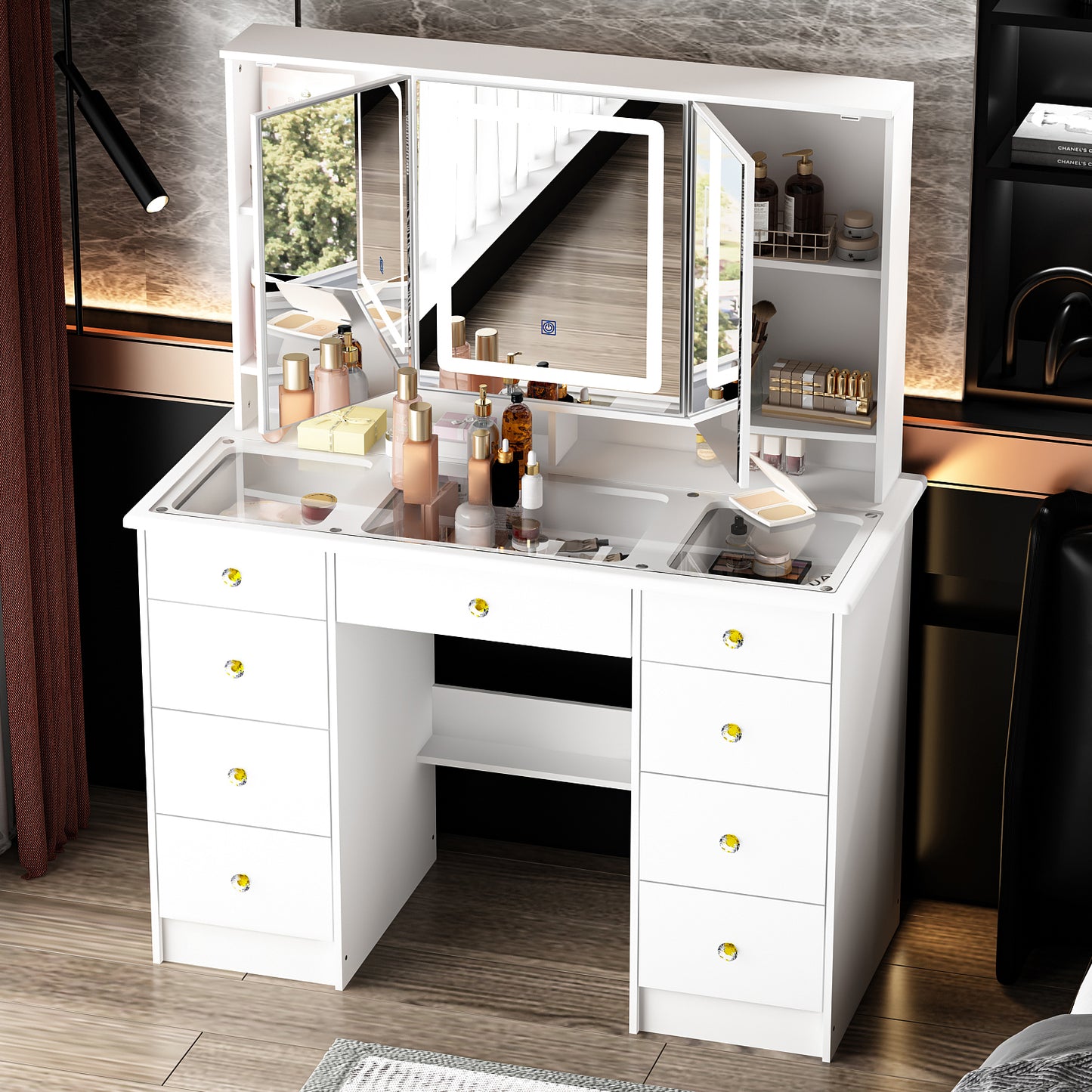 OxyLife Modern Adult Vanity Table Set with Glass Top, Mirror, LED Lights and 9 Drawers
