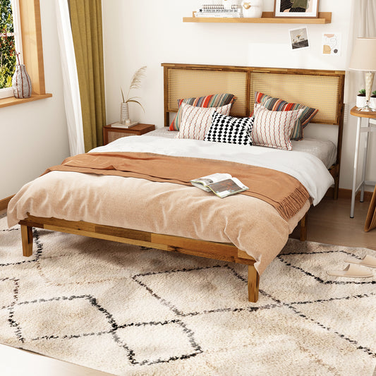 Oxylife Queen Size Solid Wood Platform Bed Frame with Vintage Headboard,15 Slats,Natural Color,82.6”L x 63.9”W x 41.1”H