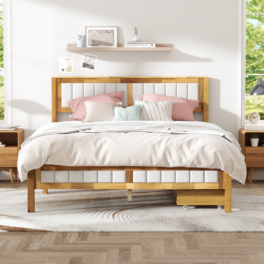 Oxylife Queen Size Bed Frame Fabric Headboard,Upholstered Wood Platform Bed Frame,12 Slats,Natural & Grey, 83.4”L x 63.9”W x 42.1”H