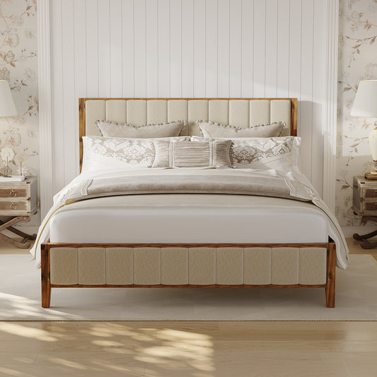 Oxylife Queen Size Bed Frame with Velvet Headboard,Upholstered Wood Platform Bed Frame,12 Slats,Walnut & Beige, 85.2”L x 62.8”W x 41”H