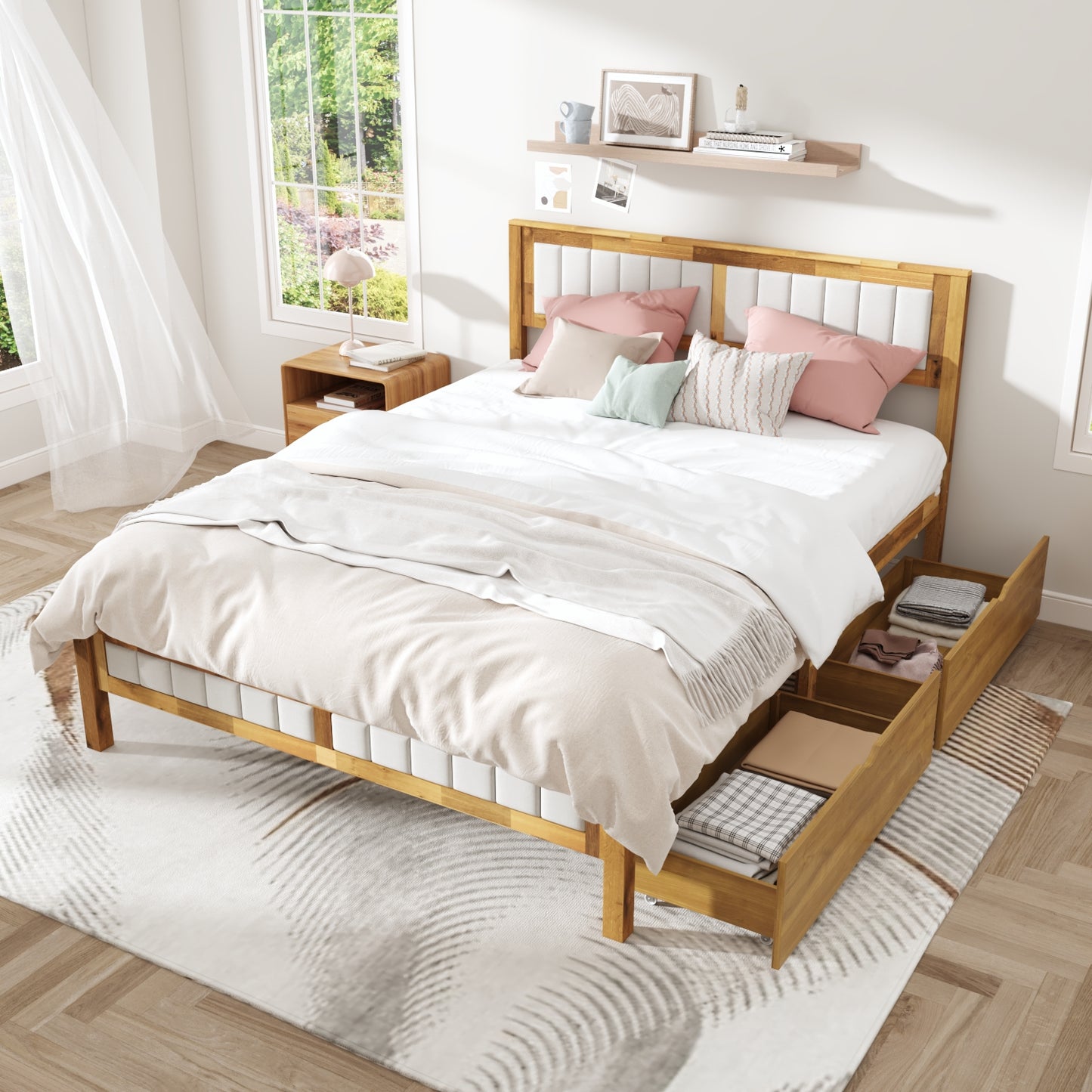 Oxylife Queen Size Bed Frame Fabric Headboard,Upholstered Wood Platform Bed Frame,12 Slats,Natural & Grey, 83.4”L x 63.9”W x 42.1”H